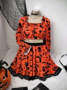 Sunspun 2 件万圣节主题泡泡袖衬衫和松紧腰撞色蕾丝裙套装 - 彩色 - 查看 3