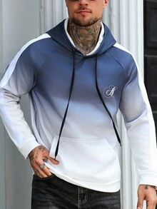 Manfinity Homme هودي رجالي بتصميم أكمام راجلان مطبوع رقميًا بتدرج لون وحرف B، هدية مثالية للحبيب أو الزوج، هودي كاجوال للجيم بتأثير أومبير، خريفي - متعدد الألوان - مشاهدة 7