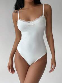 FavEase Black Lace Trim V-Neck Camisole Backless Bodysuit, Fashionable Minimalist Casual Elegant Extremely Soft Comfortable Stretchy Women Summer