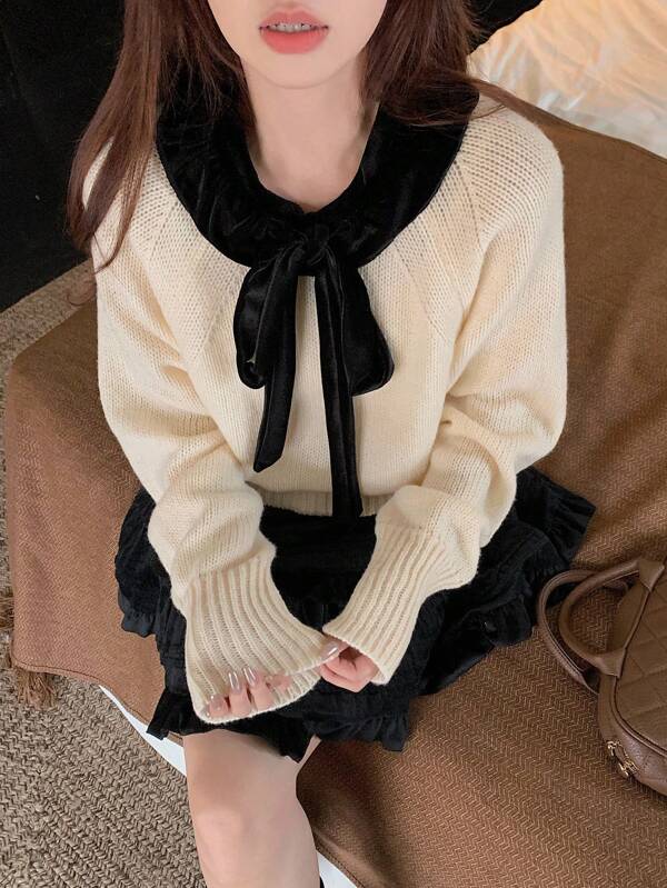 DAZY Bow Decor Design Sense Niche Short Loose Casual Elegant Knit Sweater Autumn, Everyday Black And White