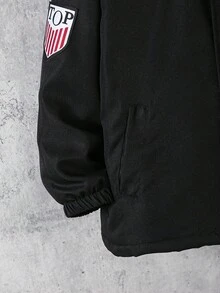 1pc Boys' Collegiate Style Chest Patch Black Jacket, Suitable For Autumn/Winter Outdoor Wear Fall