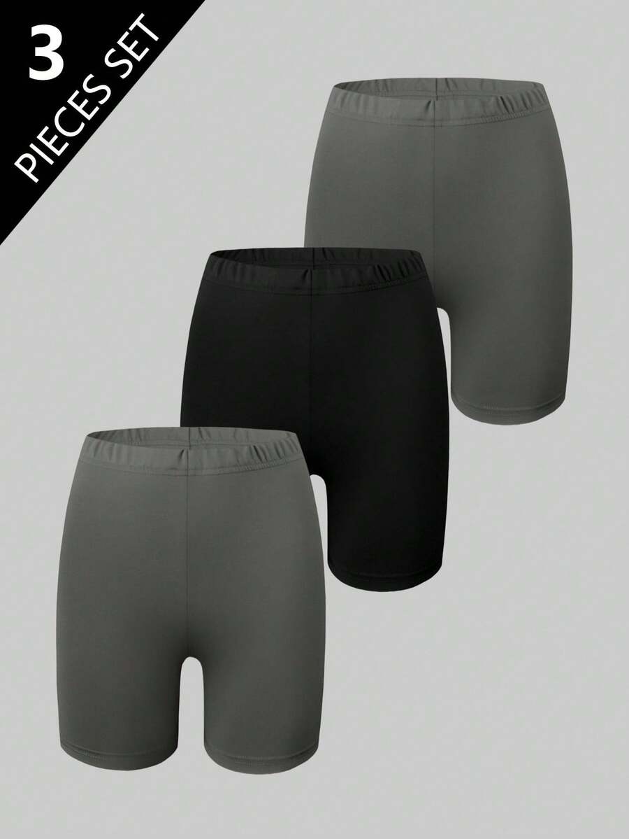 Set de 3 pantalones cortos/mallas elásticos y versátiles de uso diario para niñas, color negro - Gris - Ver 1
