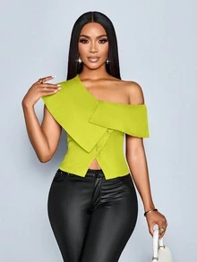 SOLERSUN 女式春夏优雅复古商务休闲露肩不对称单排扣衬衫 - 綠色 - 查看 5