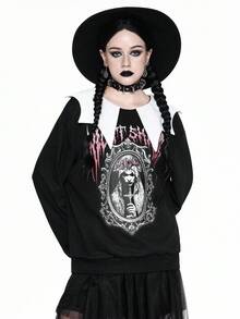 ROMWE Cute Mischievous Gothic Halloween Bat Shaped Collar Bride Print Loose Fleece Pullover Sweatshirt For Women - Black - View 5