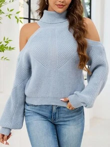 SHEIN Tall Suéter holgado de mujer de cuello alto y hombros descubiertos de manga larga, para otoño/invierno
