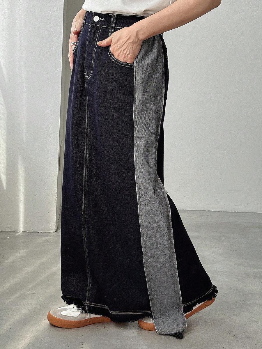 FRIFUL 女士口袋直筒宽松休闲通勤牛仔裙 长款牛仔裙 开衩牛仔裙 双色牛仔裙 开衩牛仔长裙 - 藍色 - 查看 1