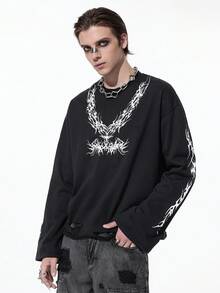 ROMWE MEN Goth Sudadera de cuello redondo de manga larga con estampado gótico para hombre, otoño - Negro - Ver 6