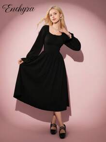 少女休闲优雅度假连衣裙，黑色紧身胸衣长袖修身连衣裙，适合万圣节、秋冬季 - 黑色 - 查看 7