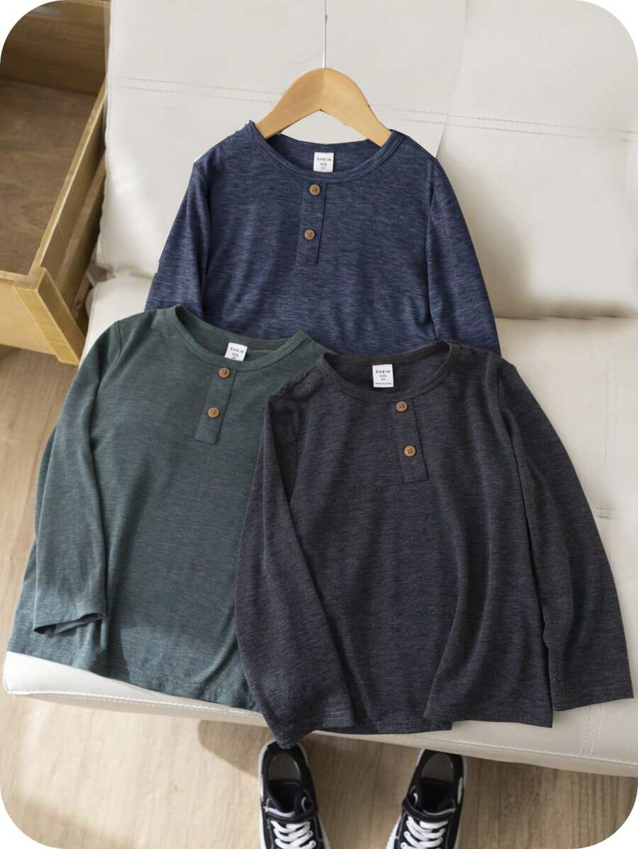 SHEIN 男童三件套舒适休闲风格木纹质感面料纽扣 Polo 领长袖 T 恤,三种颜色可选,适合居家、休闲、户外、玩耍、学校、校园、学院等场合,秋冬季时尚百搭。 - 藍色 - 查看 1