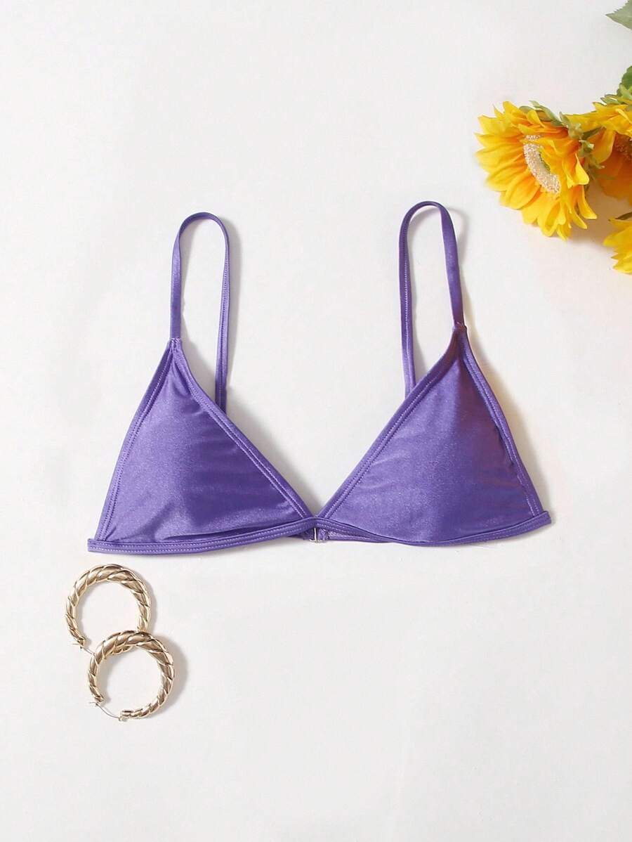 Swim Basics Summer Beach Solid Triangle Bikini Top - Purple - View 1