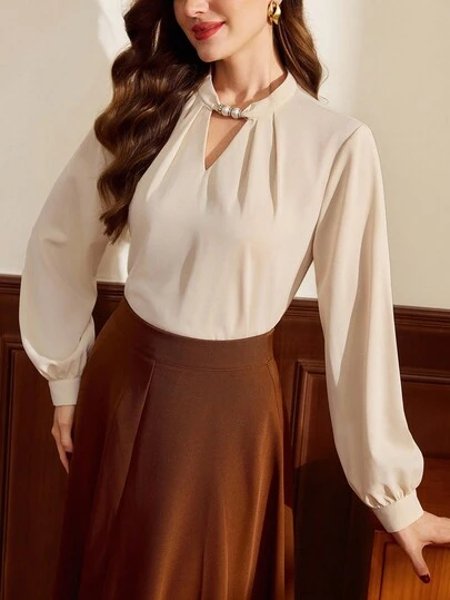 Vintamour Vintage Classic Elegant Women's Shirt, Fitted Faux Pearl Button Long Sleeve Blouse, Apricot Autumn Clothes Winter Clothes For Women Going Out Tops Women