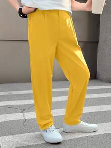 SHEIN 青少年男孩純色百褶休閒寬鬆街頭風西式錐腳長褲，適合學校或派對場合，秋季奶油黃 - 黃色 - 查看 4