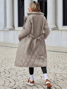 RueChic Women'S Solid Color Button-Up Lapel Collar Long Padded Coat - Beige - View 2