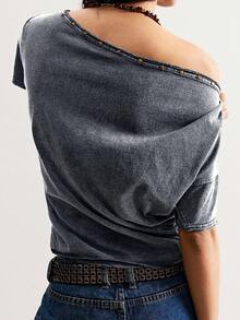 Bohemela Casual Solid Color Knit Asymmetric Neck Loose T-Shirt For Women - Grey - View 2