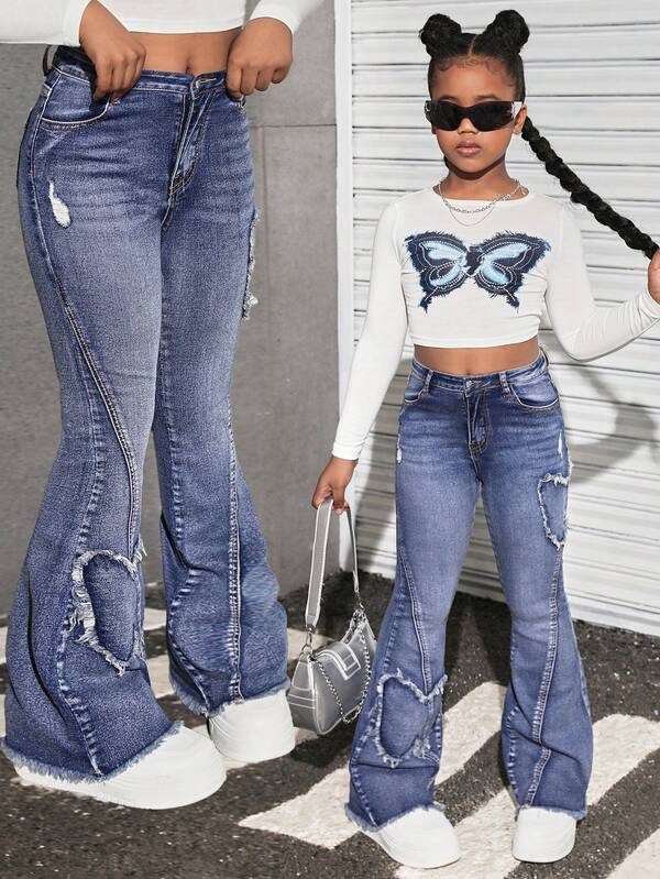 Jeans acampanados de mezclilla azul con diseño de corazón con flecos, de estilo vintage y nostálgico Y2K, para niñas adolescentes, ropa casual y de uso diario, atuendos de otoño e invierno, ropa de fiesta y festivales, y ropa de calle para adolescentes