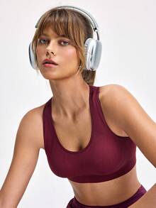 LOUNGEISTA 一体式无缝运动背心式文胸，镂空后背弹力纯色女士内衣文胸，运动文胸 - 紅色 - 查看 8