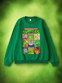 TEENAGE MUTANT NINJA TURTLES | SHEIN Men's Casual Everyday Street Cartoon Grid & Letter Print Dropped Shoulder Loose Fleece Pullover Sweatshirt, Autumn/Winter - Green - View 1