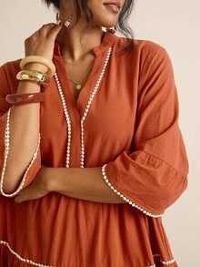 Freevana 大码女式拼色V领喇叭袖宽松休闲连衣裙 - 鏽棕色 - 查看 5