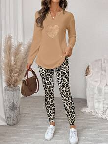 SHEIN LUNE Bộ 2 áo thun dài tay và quần legging cho nữ, Thu/Đông - Nhiều màu - Xem 2
