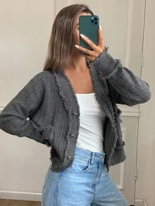 DAZY 女式纯色流苏修身长袖 V 领休闲复古毛衣开衫，秋季 - 灰色 - 查看 4
