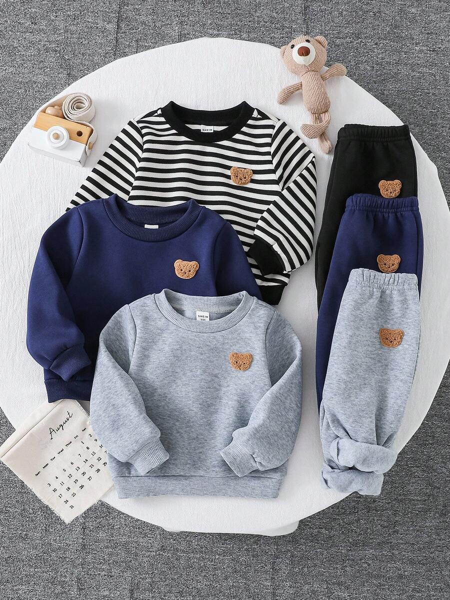 Set de 6 piezas de conjunto de sudadera de manga larga y pantalón jogger de punto con diseños de rayas, unicolor y dibujos animados lindos para niño/niña, adecuado para salidas de otoño e invierno - Multicolor - Ver 1