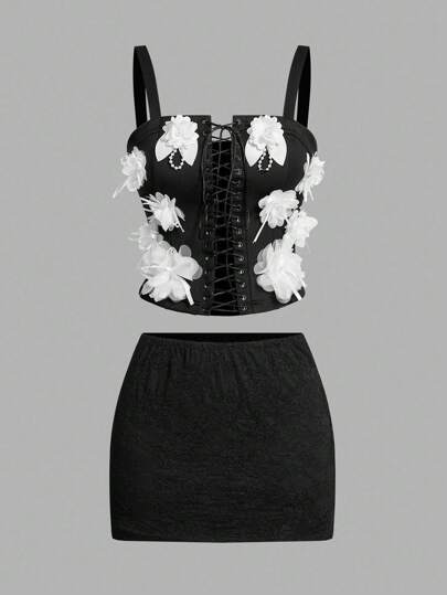 BamGleam Bộ đồ lót hở lưng và váy ngắn hở vai phối hoa 3D gợi cảm cho nữ