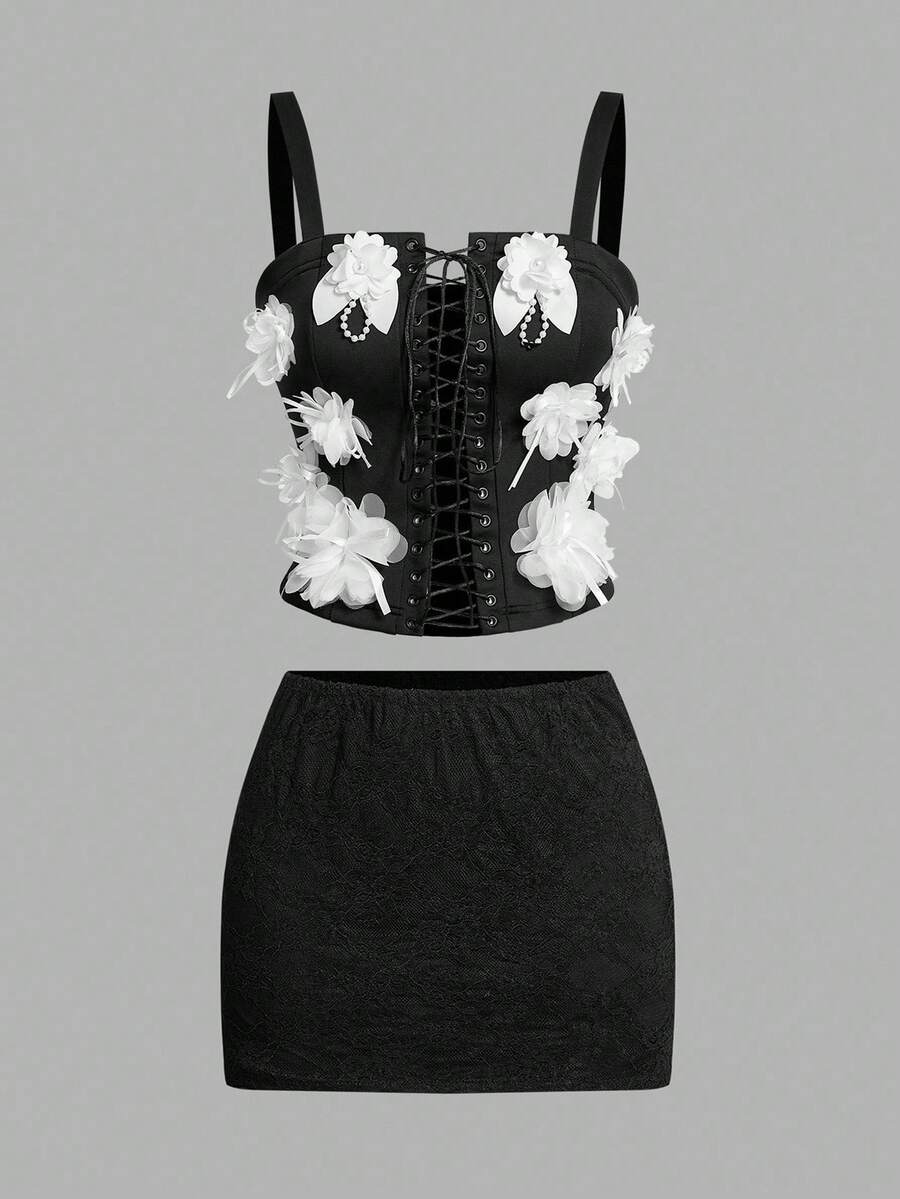 BamGleam 女士 3D 花朵绑带镂空吊带背心和迷你裙性感套装 - 黑色 - 查看 1