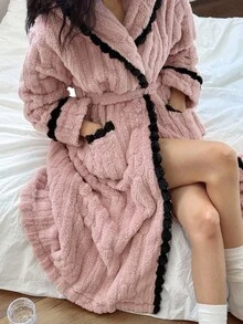 DAZY Women's Textured Fleece Patchwork Hooded Robe, Winter, Fall Fluffy Pajama, Cozy - Pink - View 6