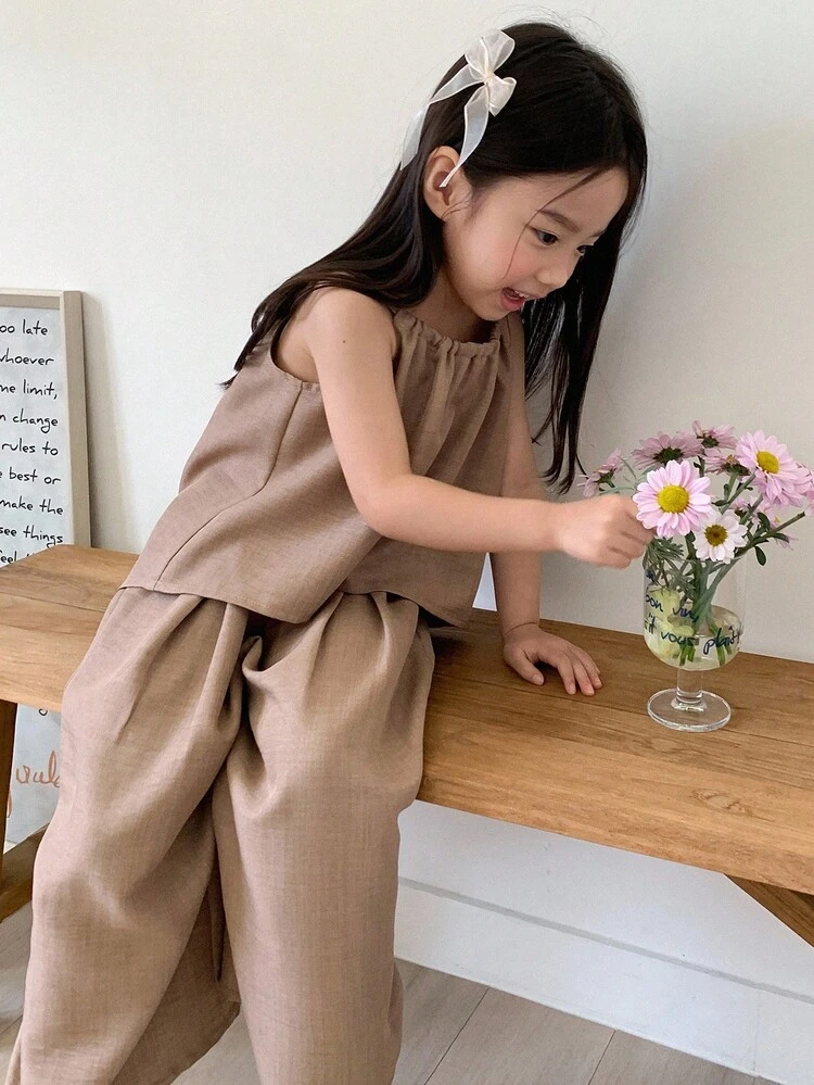 Young Girl Summer Solid Color Camisole And Wide Leg Pants Casual 2 Pieces Set Vacation