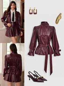 SHEIN MOD 女款收腰立領酒紅色人造皮革夾克，秋季優雅通勤上班，秋冬/萬聖節/哥德風/西部風/商務休閒/電音派對 - 酒紅色 - 查看 1