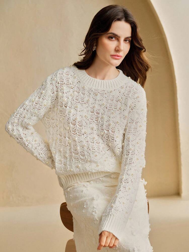 Women's Textured Pearl White Heavyweight Sweater, Fashionable Crew Neck Knit Top For Winter