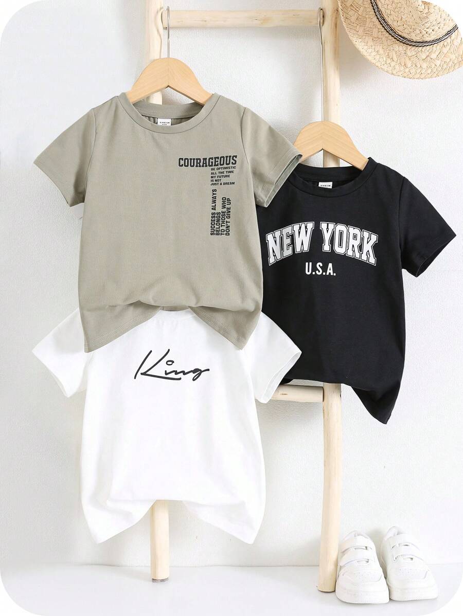 3 件套年轻男孩休闲字母图案印花圆领套头针织 T 恤，适合上学、郊游、春夏季 - 彩色 - 查看 1