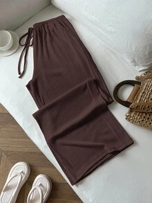 Flirla Women's Casual Solid Color Ribbed Drawstring Waist Loose Wide Leg Pants - Brown - View 4