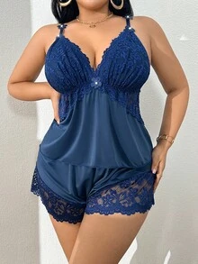 SHEIN Plus Size Lace Patchwork Elastic Knit Sexy Backless Camisole & Shorts Pajama Set Navy Lingerie Set Lace Lingerie Set Plus Size Lingerie Set Satin Lingerie Set