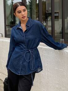 DAZY 女式西式纯色系带宽松翻领长袖休闲牛仔衬衫，春夏季 - 藍色 - 查看 6