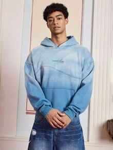 SWAVVY Men's Loose Fit Thermal Lined Long Sleeve Gradient Embroidered Hoodie Sweatshirt, Vintage Y2K Baggy Streetwear, For Fall Winter, Holiday - Blue - View 5