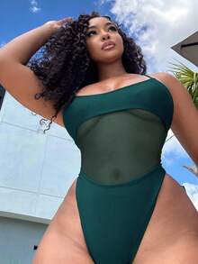 Alexandranx Springbreak 女士夏季海滩纯色吊带网眼拼接性感镂空连体泳衣，节日波西米亚风 - 墨綠色 - 查看 7