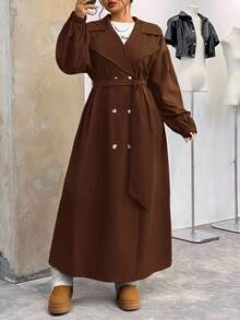 SHEIN EZwear Plus Size Plain Color Dual-Breasted Long Casual Trench Coat, Spring/Autumn Winter Fall