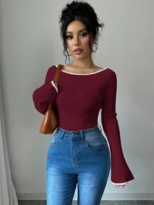 Elenzga 女式修身喇叭袖修剪时尚毛衣，秋季 - 酒紅色 - 查看 5