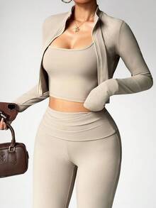 Dewbera Women's 3 PiecesYoga Workout Set, Casual Sexy Outdoor Running U-Neck Top, Comfortable Tummy Control Lifting Leggings, High Neck Tight Fit Long Sleeve Thumb Hole Jacket Beige Workout Set Ribbed Workout Set - Khaki - View 5