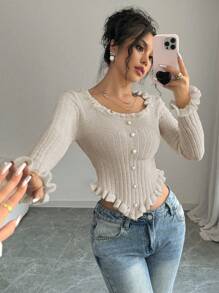 Elenzga Áo len chui đầu tay dài cổ vuông viền bèo nhún mới cho nữ vải thu đông cho nữ - Màu be - Xem 6