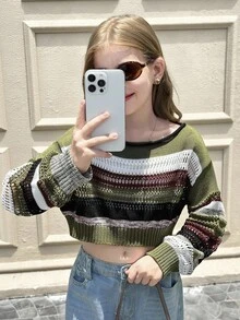 SHEIN Tween Girls Multi Color Striped Pattern Drop Shoulder Pullover Sweater Crop Sweater,Long Sleeve Tops, Suitable For Casual Daily Wear,In Fall/Winter - Army Green - View 4