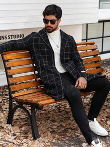 Manfinity Homme Men's Casual/Business Minimalist Long Sleeve Plaid Overcoat Fashion , Fall/Winter - Black - View 5