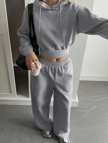 Livesso Women's Casual Hooded Top And Wide-Leg Pants 2 Pieces Set, Autumn Tracksuits Women Set - Grey - View 5