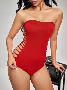 SHEIN 女士纯色露肩镂空侧边性感连体裤 - 紅色 - 查看 1