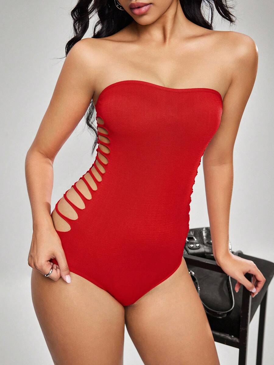SHEIN 女士纯色露肩镂空侧边性感连体裤 - 紅色 - 查看 1