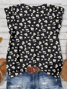 SHEIN LUNE Áo sơ mi nữ in họa tiết hoa cúc dễ thương, phong cách thanh lịch, nền đen, đa năng cho mùa hè và đầu thu - Nhiều màu - Xem 2