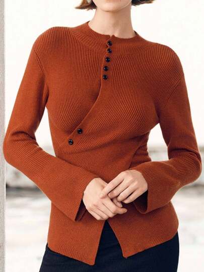  Fall Women Clothes Uhlyne Women's Minimalist Elegant Fitted Sweater, Embroidered Brown High-End Design Flare Sleeve Small Stand Collar Criss-Cross Button Sweater, Suitable For Birthday, Date Night Burnt Orange Top Rust Brown Top Women Sweaters Knit Pullover Fall Winter