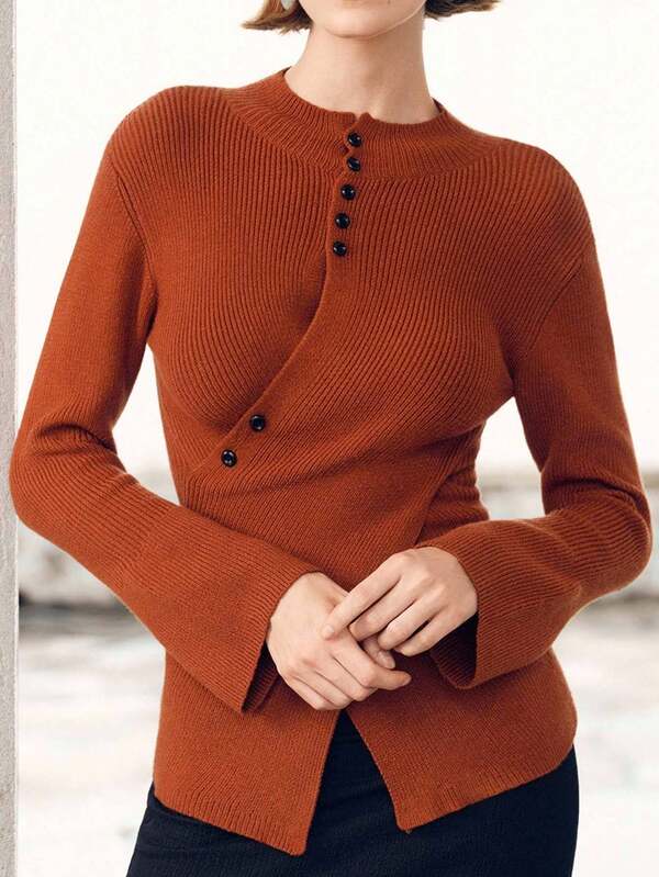  Fall Women Clothes Uhlyne Women's Minimalist Elegant Fitted Sweater, Embroidered Brown High-End Design Flare Sleeve Small Stand Collar Criss-Cross Button Sweater, Suitable For Birthday, Date Night Burnt Orange Top Rust Brown Top Women Sweaters Knit Pullover Fall Winter