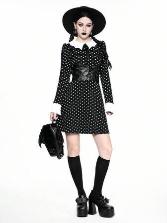 Damen Gothic Kleid mit Polka Dot Muster und Fledermaus Kragen, Halloween